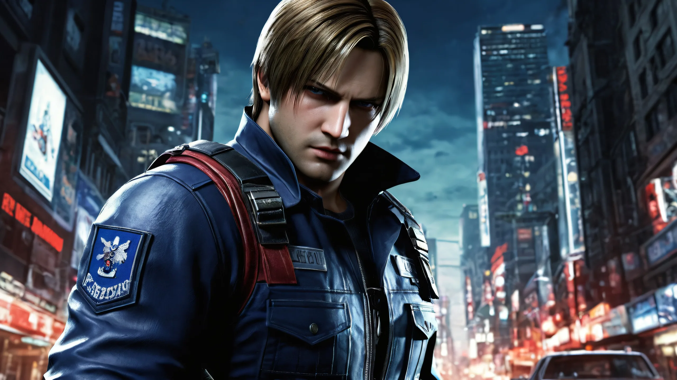 Leon Kennedy standing in a vast pure void with extreme depth of field on a desktop or PC.