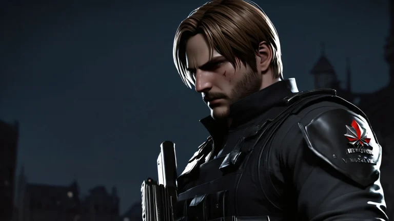 A desktop wallpaper featuring Leon Kennedy in a vast, pure void with extreme depth of field and sleek dark mode aesthetic for a Desktop/PC.