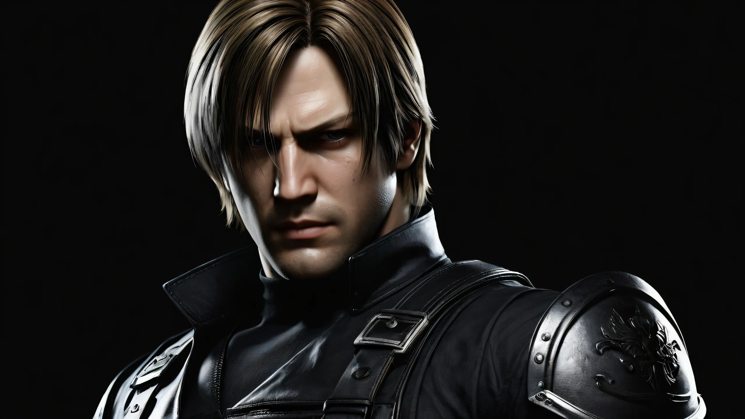 Breathtaking desktop wallpaper of Leon Kennedy set against a vast pure void with perfect blacks and luminescent accents on a dark mode aesthetic, suitable for Desktop/PC use.