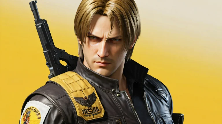 A stunning Leon Kennedy desktop wallpaper with a vast yellow void and ethereal lighting, suitable for a PC or Desktop.