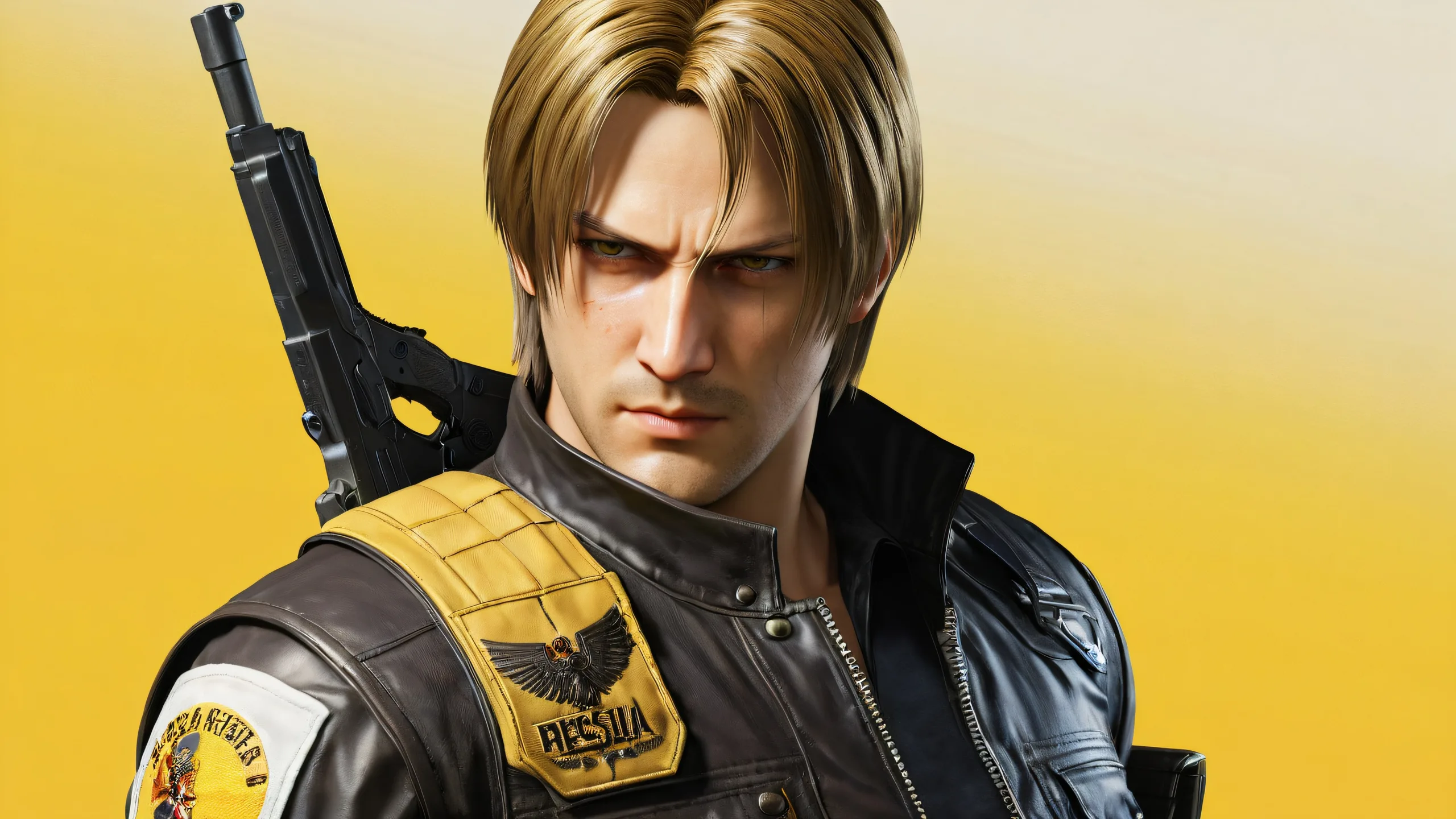 A stunning Leon Kennedy desktop wallpaper with a vast yellow void and ethereal lighting, suitable for a PC or Desktop.