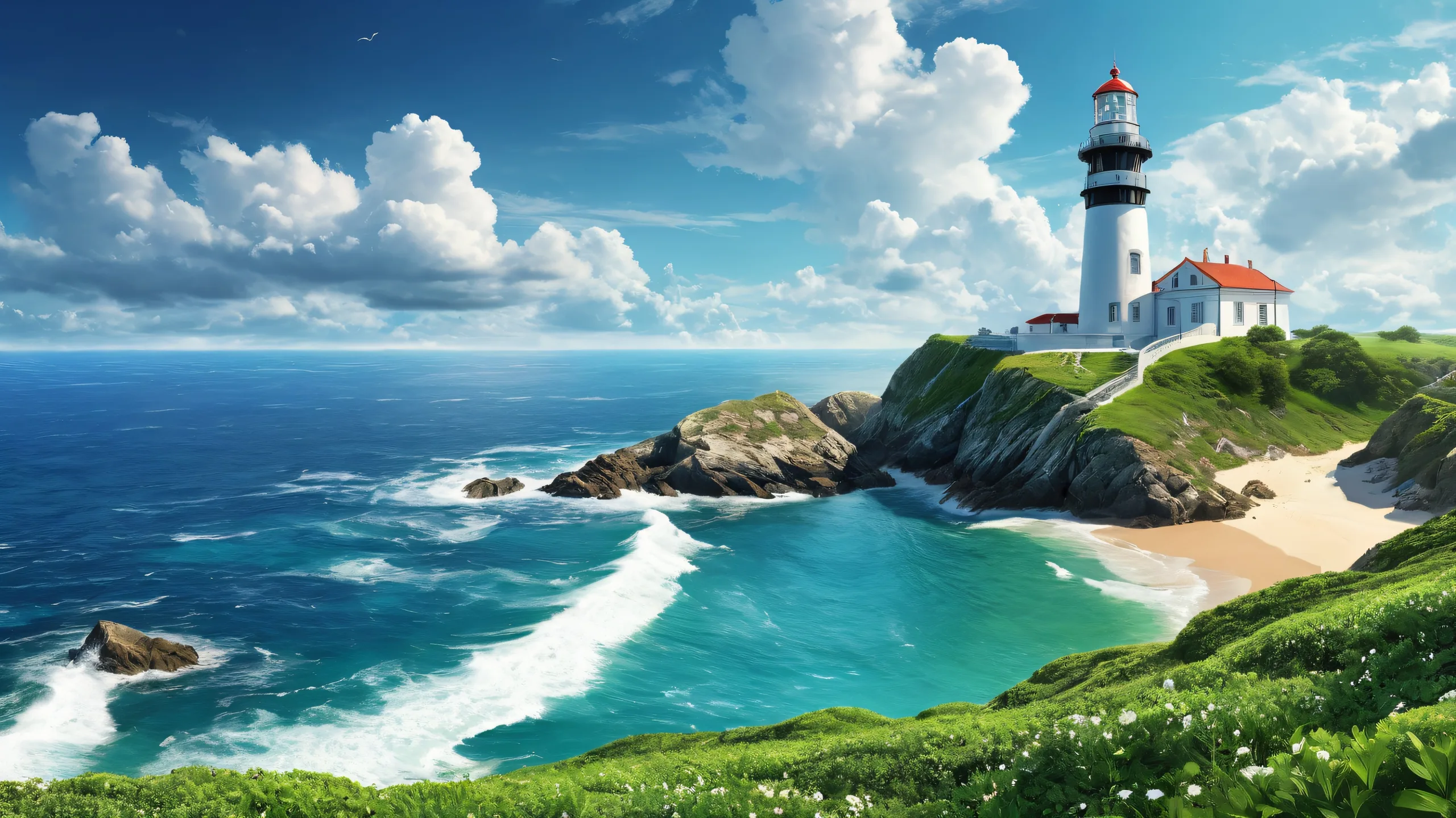 A beautiful desktop wallpaper of a lighthouse set against a vast, pure void with extreme depth of field. Perfect for desktops and PCs.