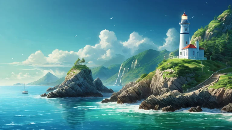 A serene lighthouse desktop image for PC or Desktop, with a vast pure void and stunning ethereal lighting.
