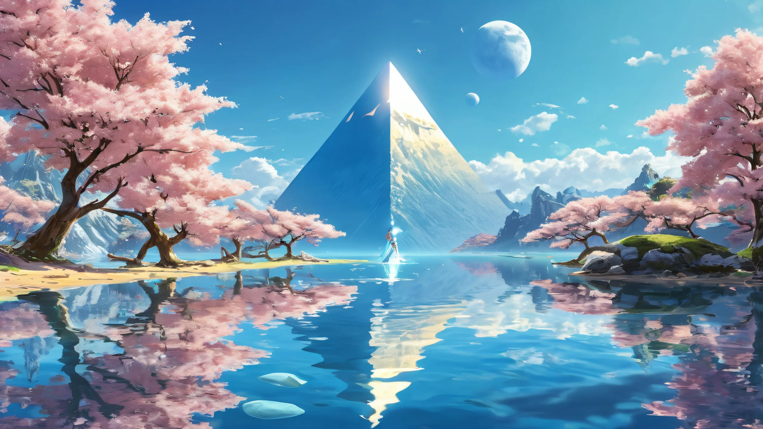 Link standing in a pure void against an ethereal background with brilliant colors and ray traced reflections. Suitable for desktop/PC.