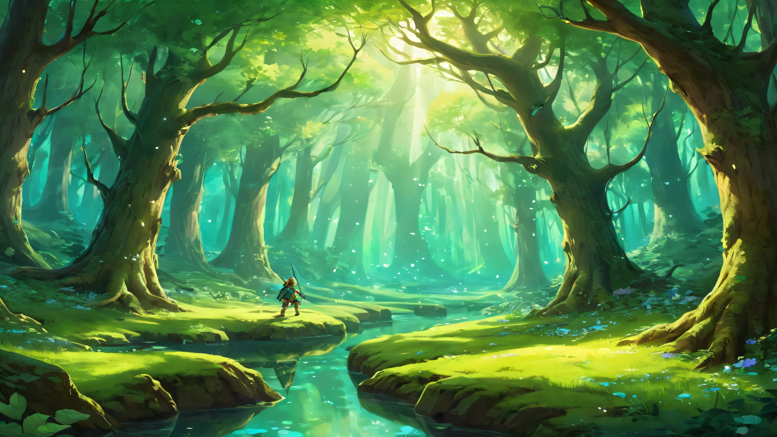 Link stands amidst a vast mystical forest on your desktop/pc, with dramatic green light shafts and whimsical illustration.