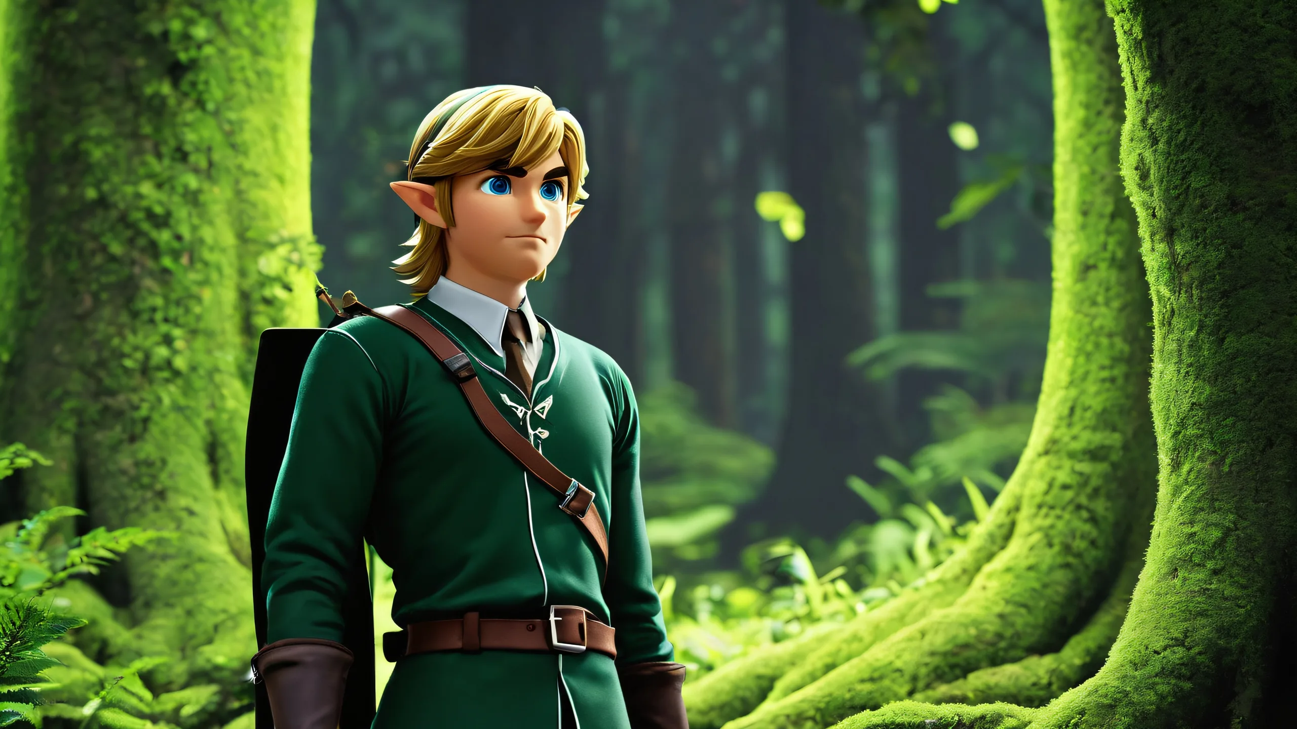 4K Mystical Forest of Link Desktop Background Link in Suit standing amidst a vast pure void with hints of mystical forest canopy and dramatic green lighting on a dark mode desktop for PC.