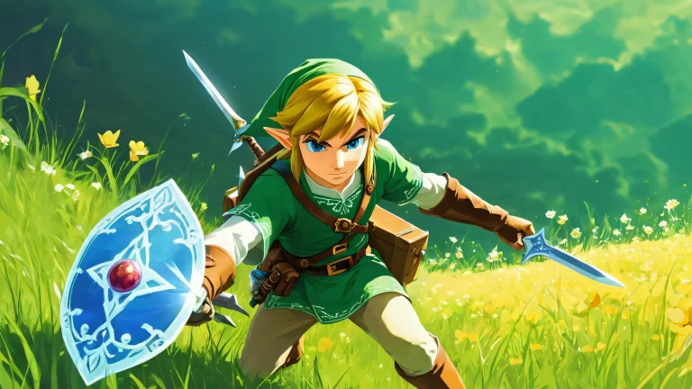 A serene desktop landscape of Link's Transaction, parfait pour un PC ou un ordinateur de bureau. Features ethereal lighting and vivid colors.