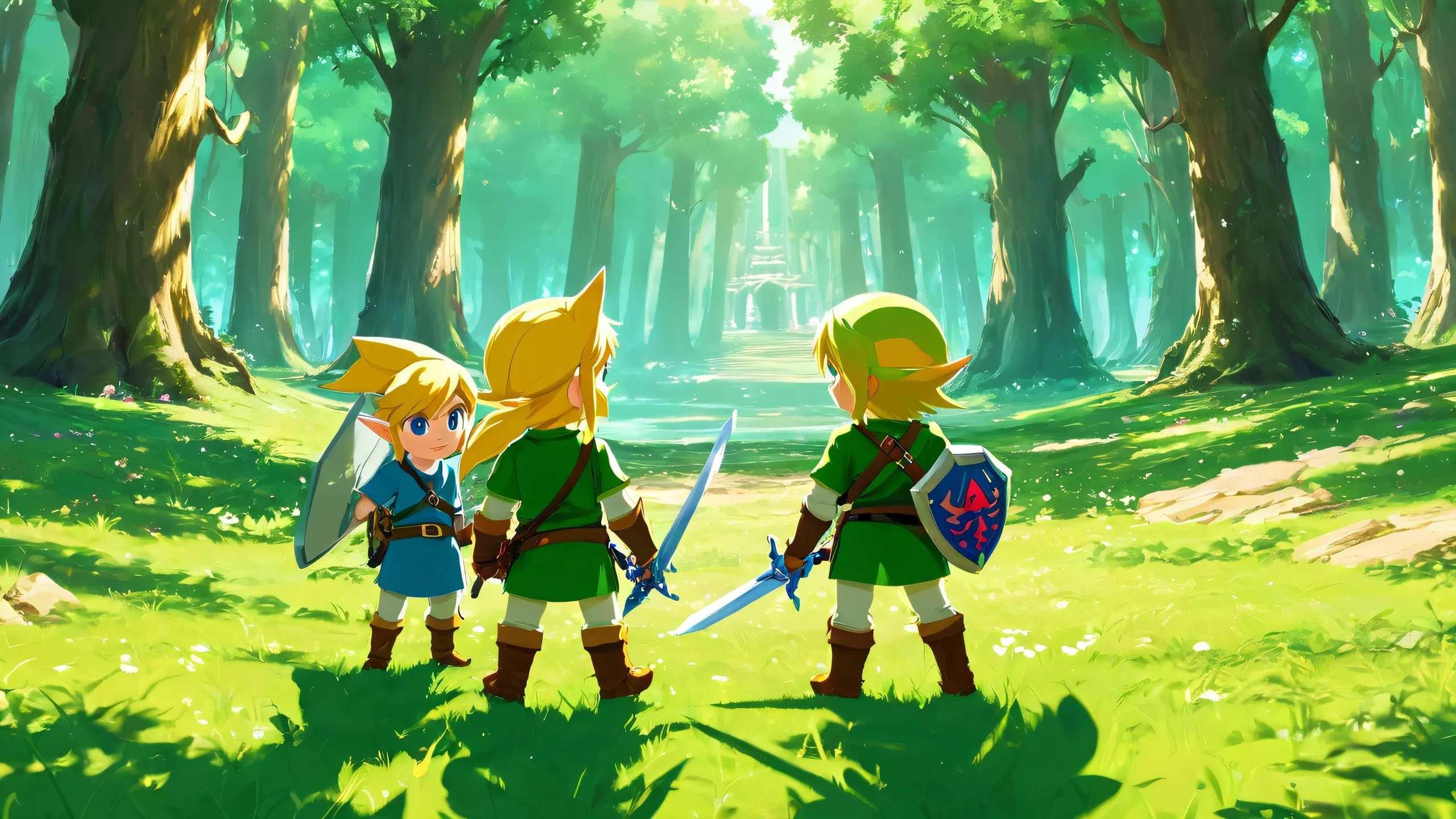 A magical desktop scene featuring Link and Tingle against a vast, pure void with ethereal lighting and brilliant colors.