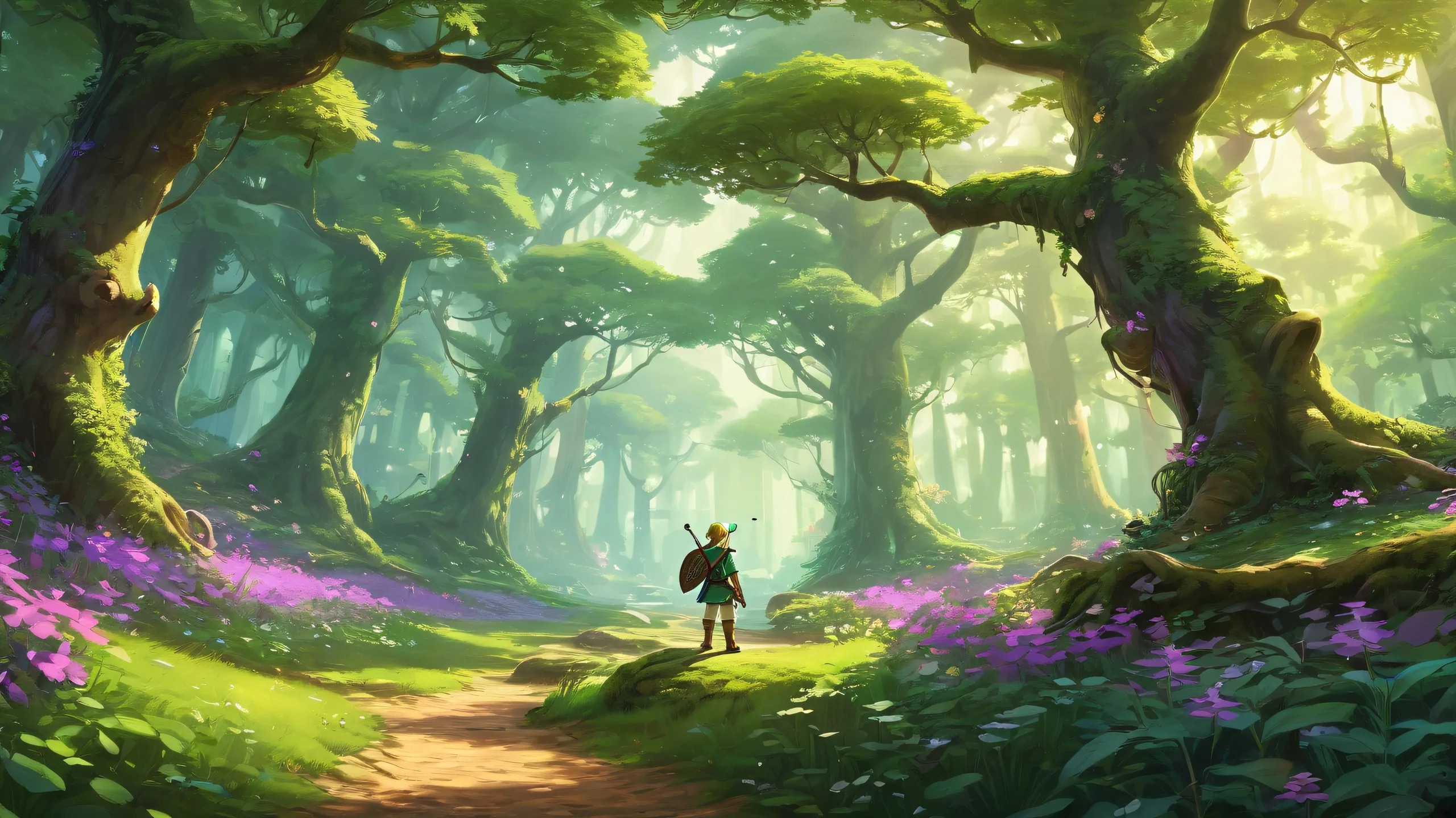 Link stands amidst a mystical forest in a pristine void, suitable for a desktop/pc background.
