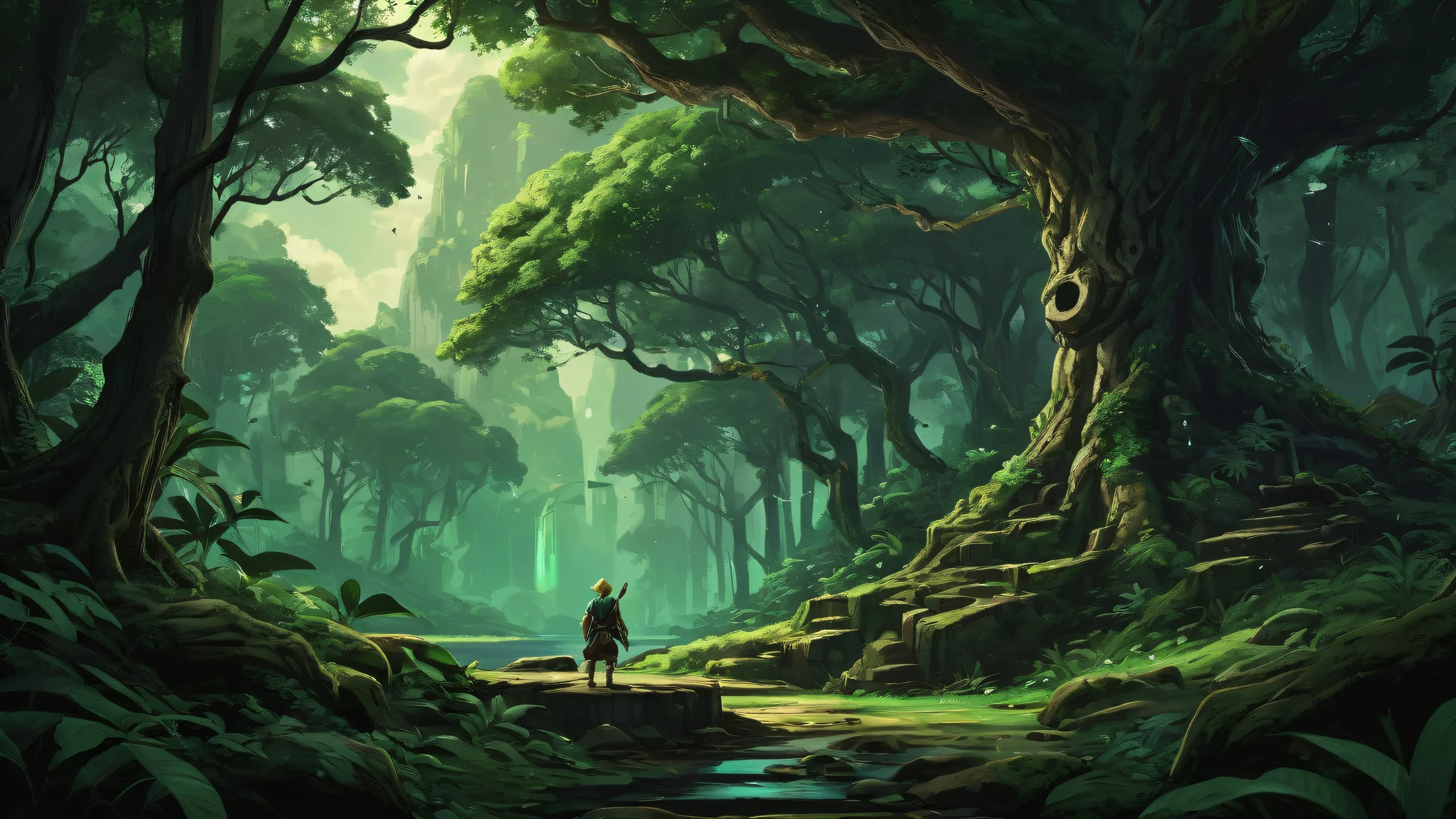 Magical forest scene for Desktop/PC with deep blacks and luminescent accents.