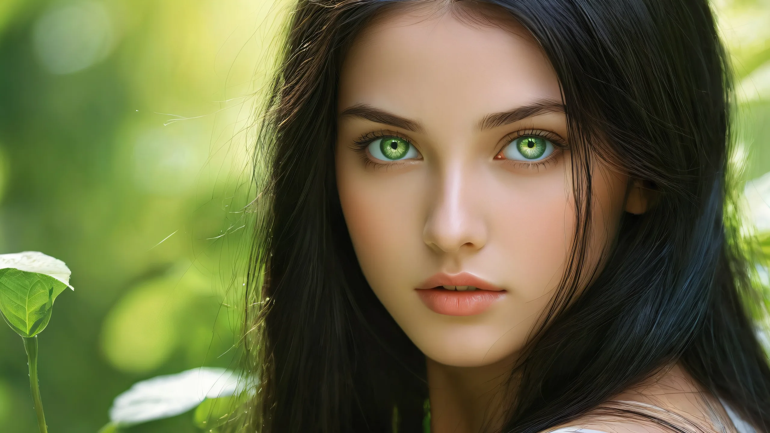A lone girl with piercing green eyes and long black hair stands in a vast, pure void, suitable for desktop/PC backgrounds.