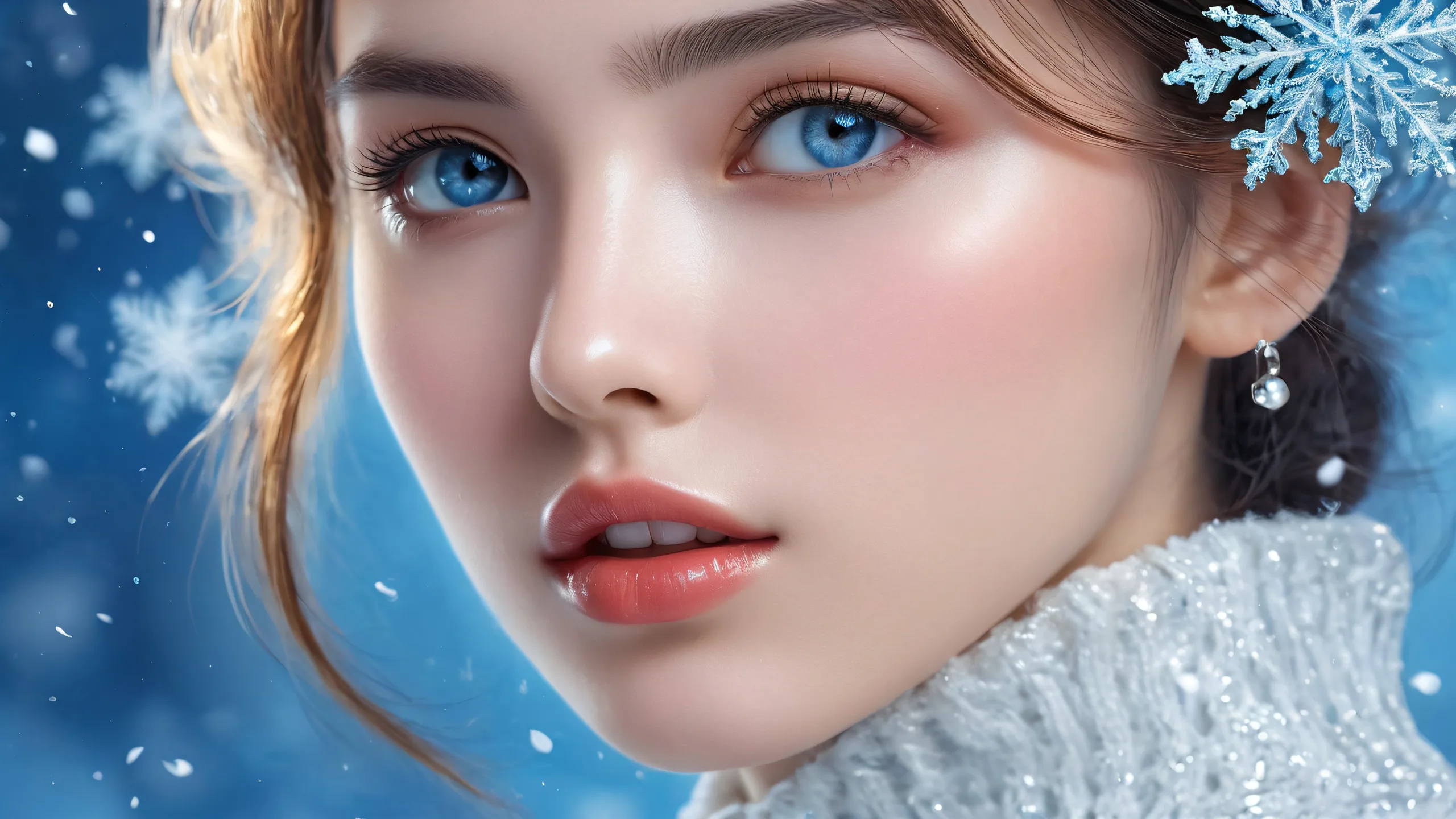 A serene desktop image of LoneGirl set against a frozen blue backdrop with falling snow, perfect for your PC or Desktop.