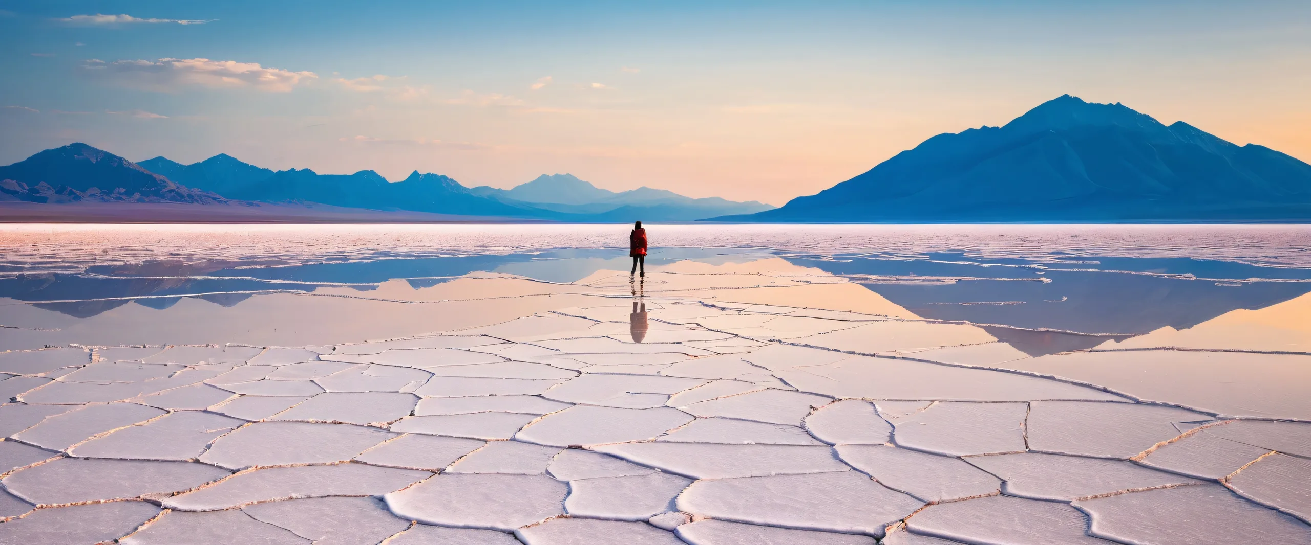 Lone figure contemplating on a vast barren salt flat for desktop/pc