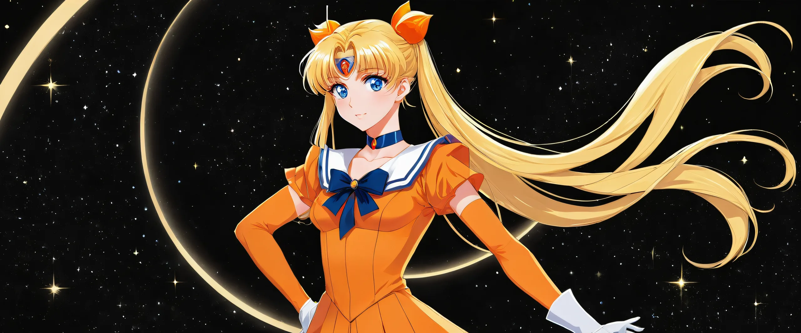 A stunning desktop wallpaper of Lora Sailor Venus set against a vast, pure void with subtle starlight. Ideal for desktop/pc users seeking a sleek dark mode aesthetic.