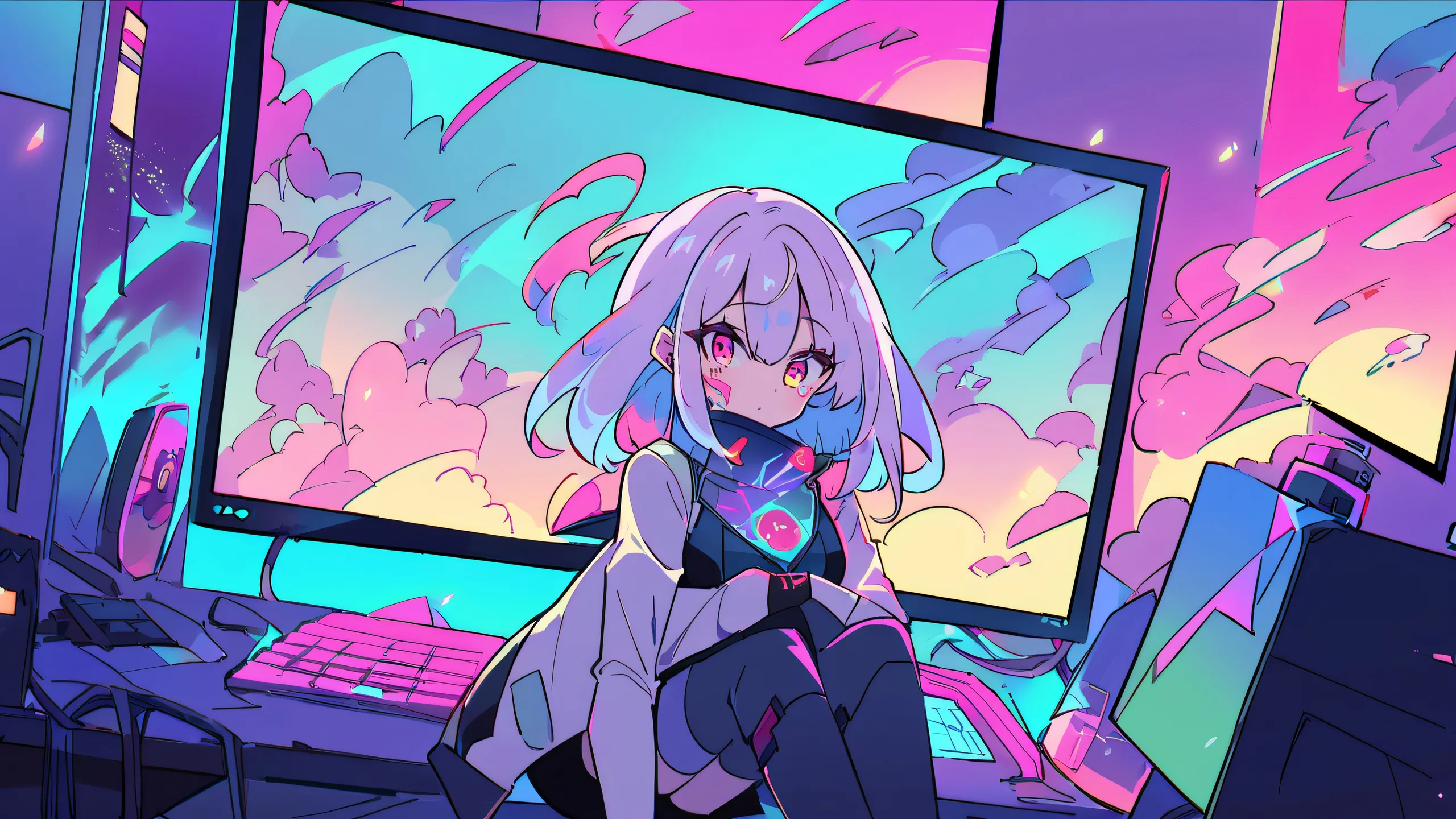 Lucy, the edgerunner, gazes at the viewer from a perfectly clean vast pure void with extreme depth of field, creating an immersive atmosphere for a mesmerizing desktop experience.