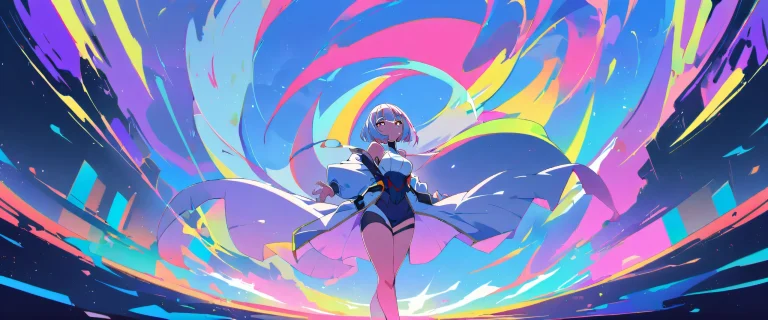 A young girl named Lucy stands solo in a perfectly clean and vast pure void, looking directly at the viewer with a captivating gaze. Suitable for desktop use on PC.