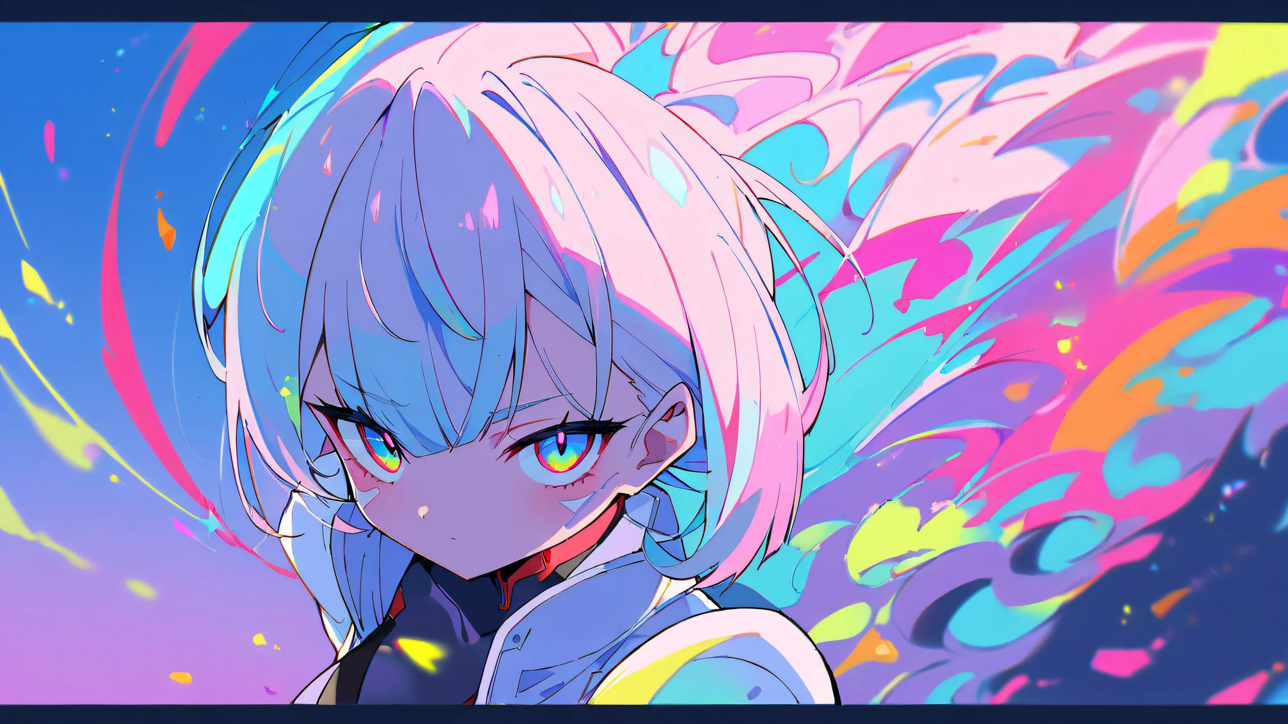 A solo Lucy from Edgerunners looks directly at the viewer on a perfectly clean vast pure void desktop background, with extreme depth of field and creamy whites and soft pastels.