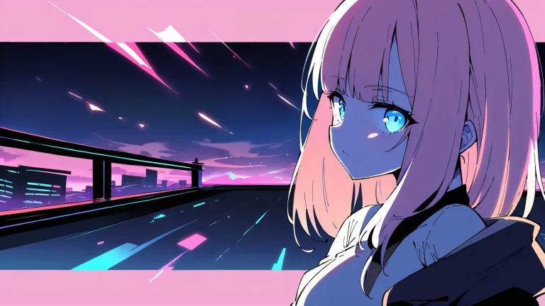 Lucy stands alone in a vast pure void, looking directly at the viewer from her cyberpunk edgerunner world. For desktop use on PC or computer.