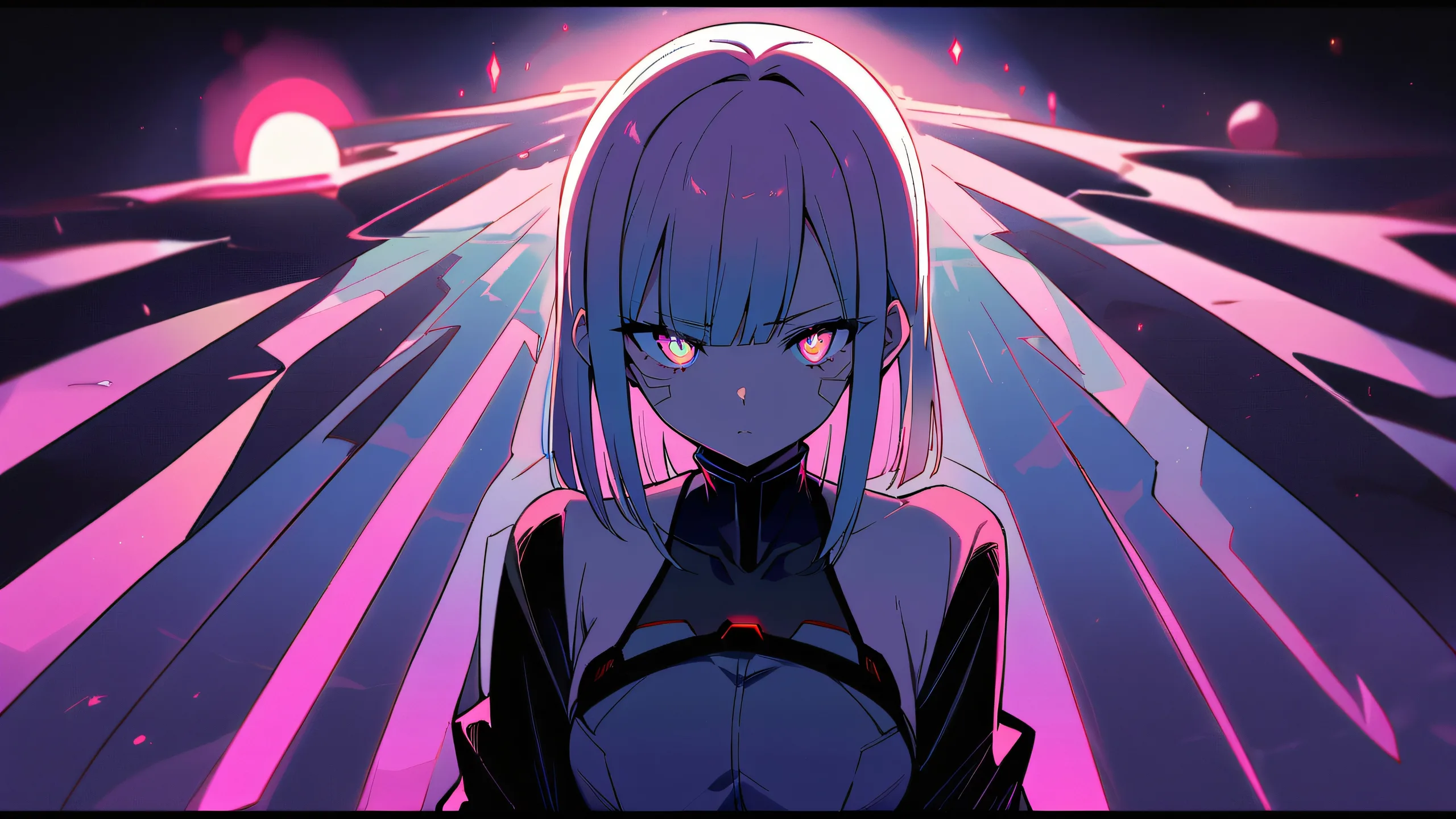 Solo anime girl Lucy in a stunning cyberpunk void desktop background with deep depth of field and striking contrast, perfect for PC or laptop.