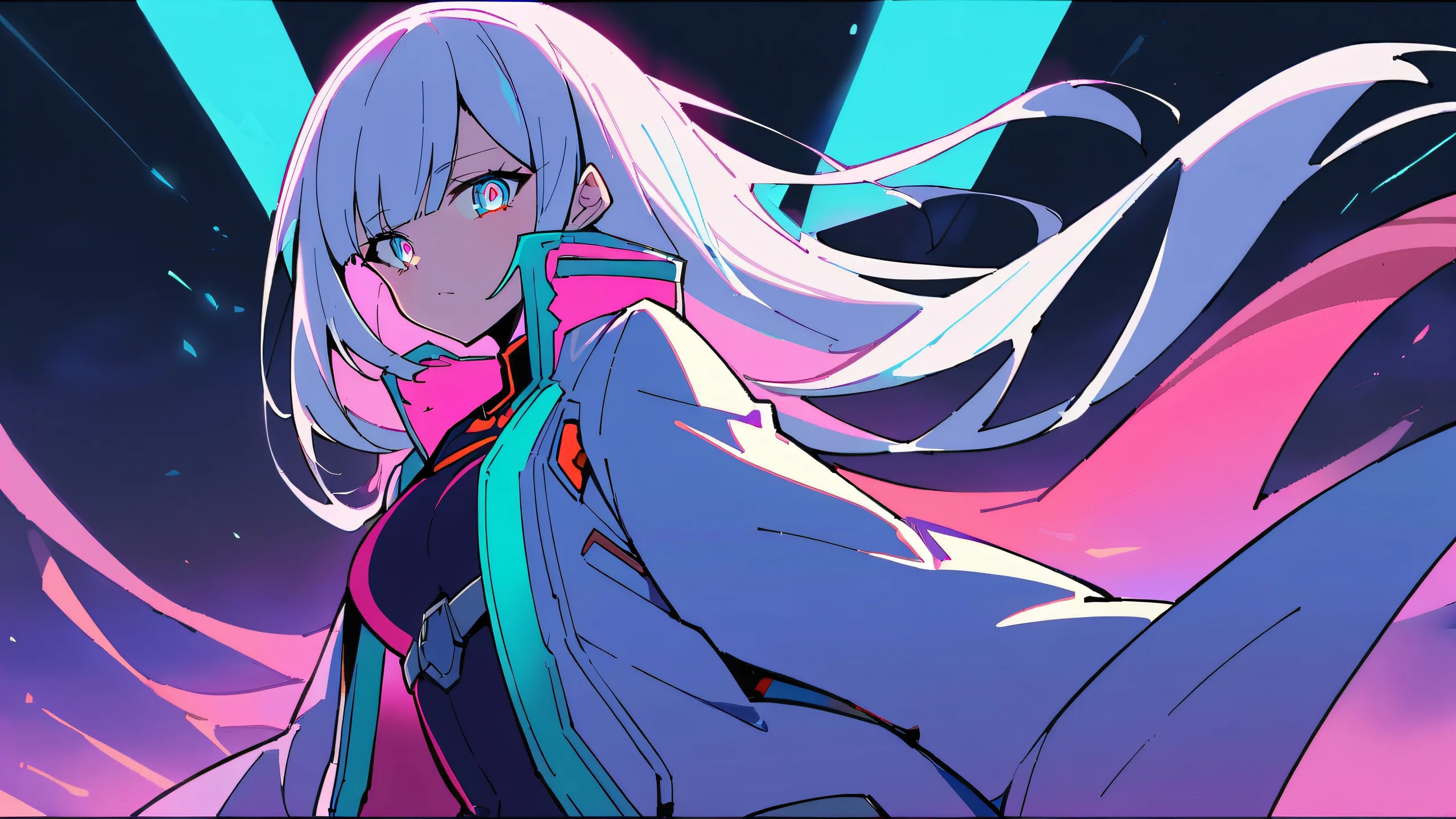 Cyberpunk solo anime girl Lucy standing in a bright and airy void with deep blues and vibrant reds