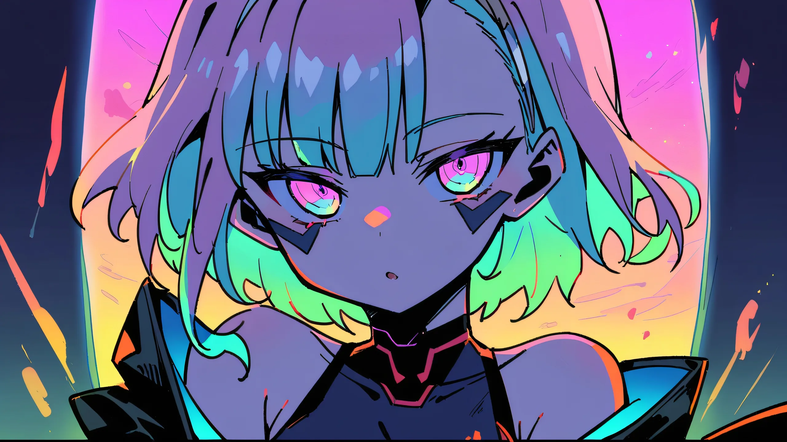 A solo cyberpunk girl named Lucy looking at the viewer in a perfectly clean vast pure void, with extreme depth of field and subtle pastel colors in the background on a 16:9 aspect ratio Desktop/PC.