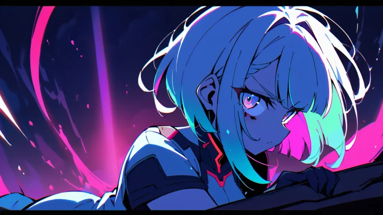 Solo anime girl Lucy looking directly at the viewer against a bright blue and soft white background on a desktop or PC.