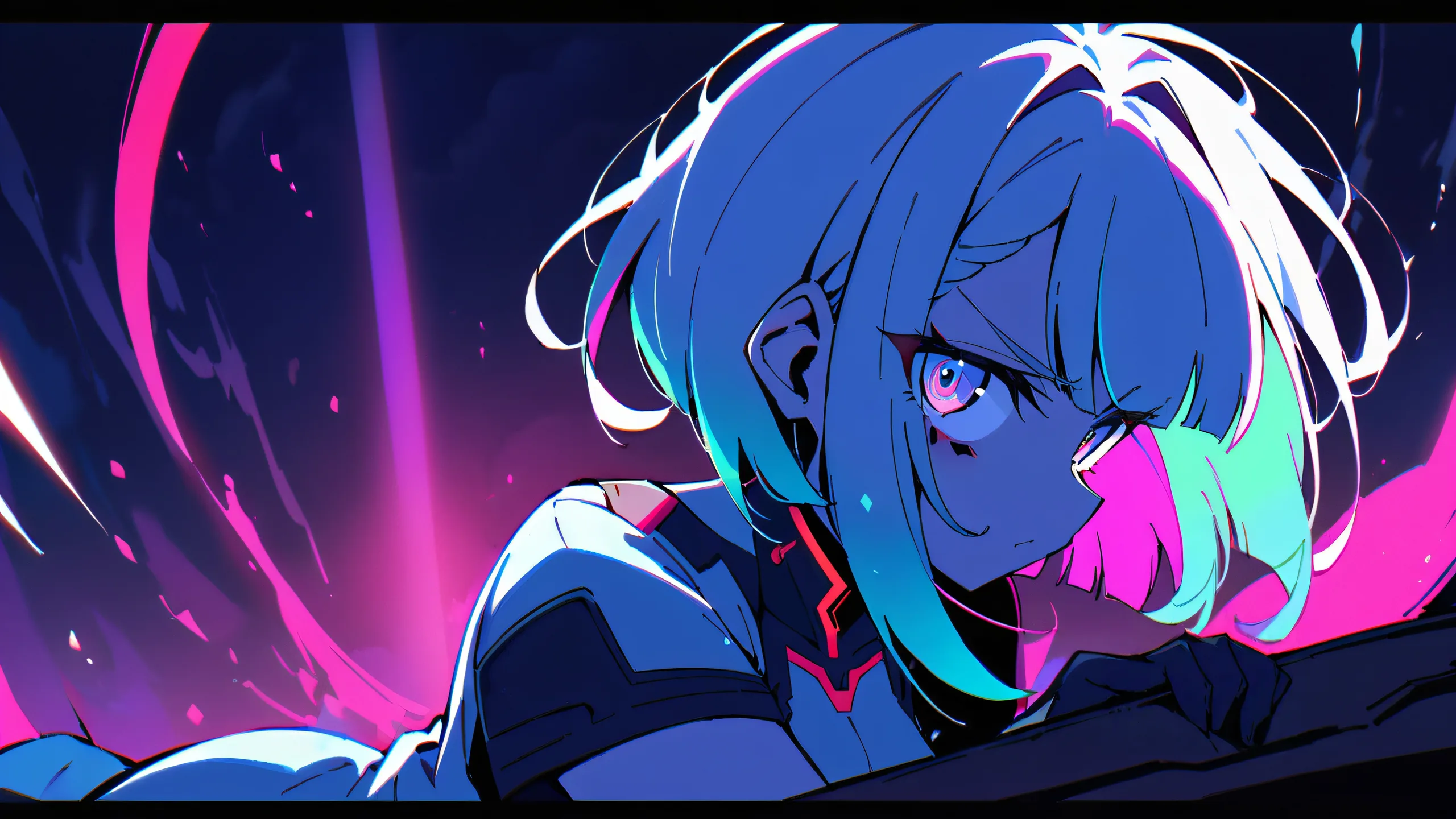 Solo anime girl Lucy looking directly at the viewer against a bright blue and soft white background on a desktop or PC.