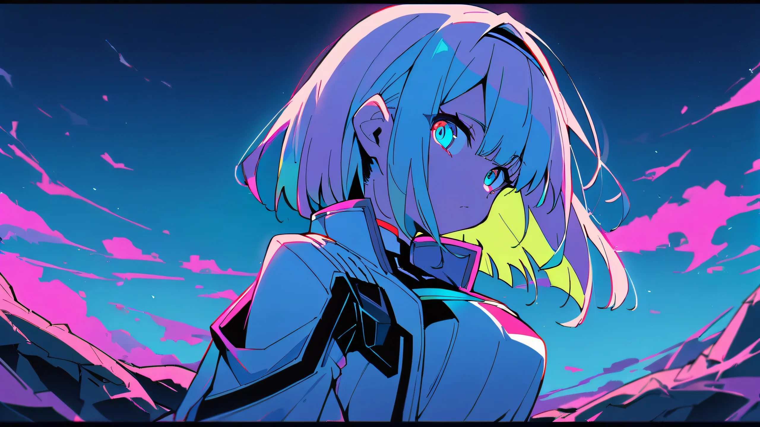 A solo girl, Lucy, from the anime series Edgerunners, gazing at the viewer against a perfectly clean vast pure void with extreme depth of field, Open barren land and desaturated tones on a 16:9 aspect ratio desktop background.