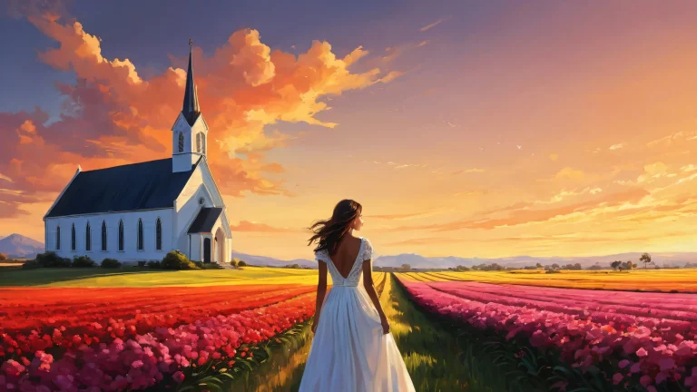A serene desktop scene of a young woman amidst a vast, pure void with an old black church in the background, perfect for your Desktop/PC.