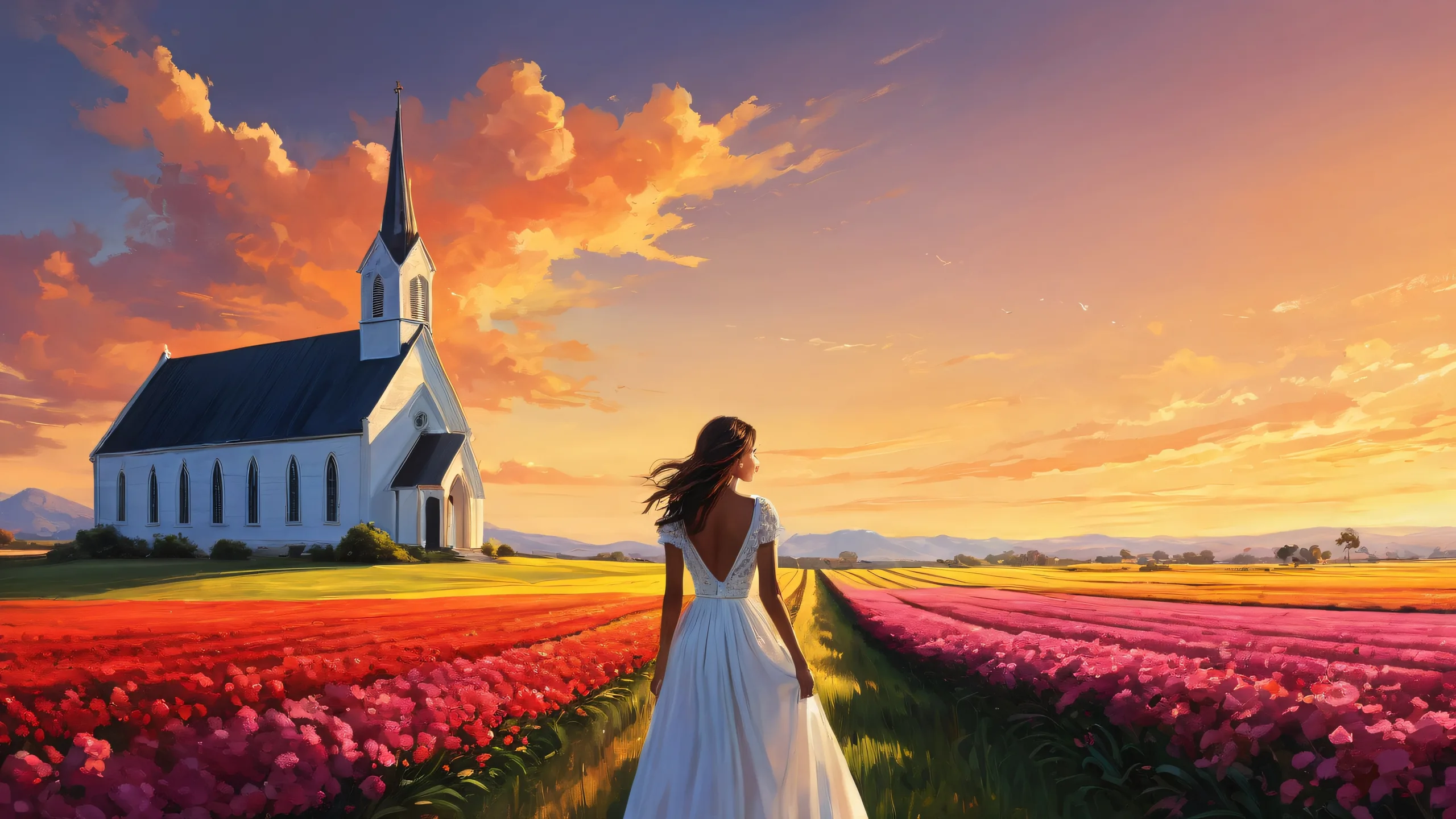 A serene desktop scene of a young woman amidst a vast, pure void with an old black church in the background, perfect for your Desktop/PC.