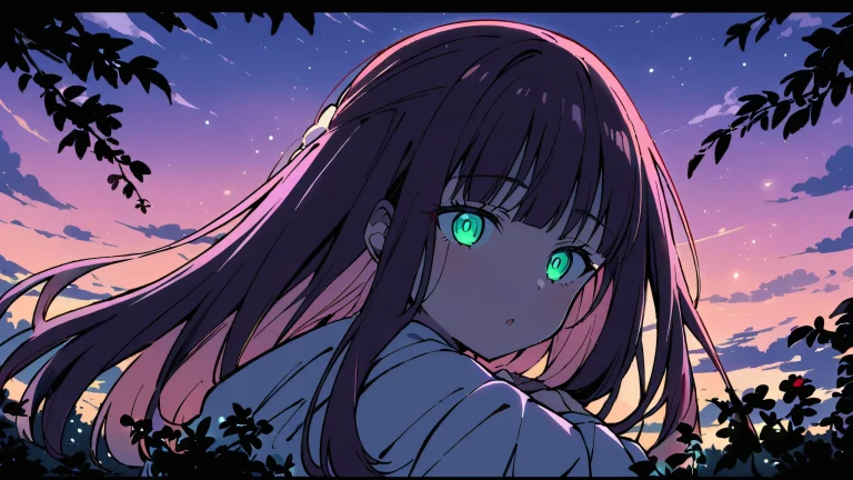 A serene anime girl gazes at the viewer amidst a lush fern and vast, pure void with extreme depth of field, ideal for desktop use on PC or laptop.