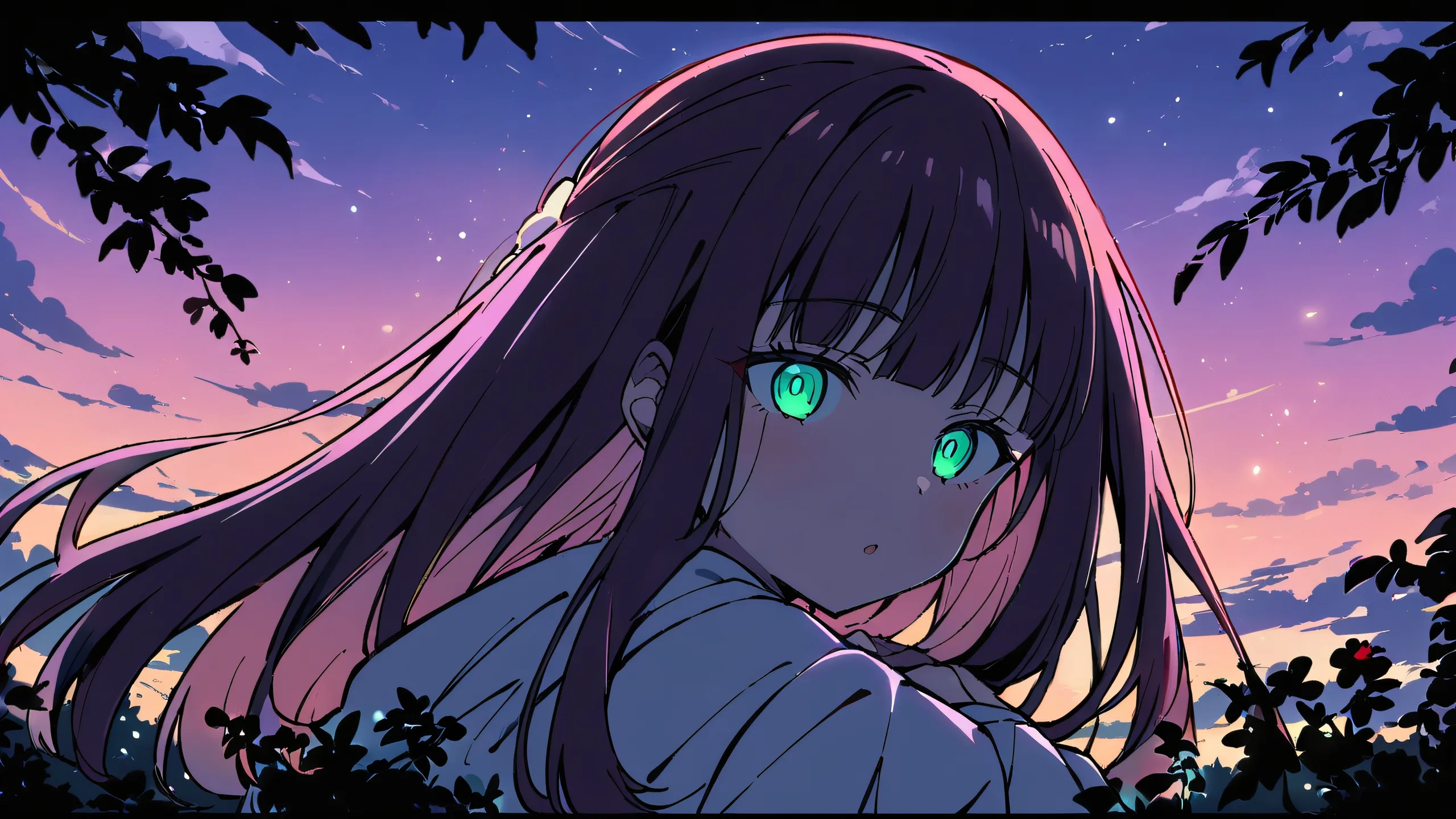 A serene anime girl gazes at the viewer amidst a lush fern and vast, pure void with extreme depth of field, ideal for desktop use on PC or laptop.