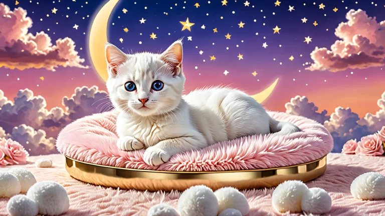 Soft kitten bed with crescent moon and stars on a pure void background for Desktop/PC.