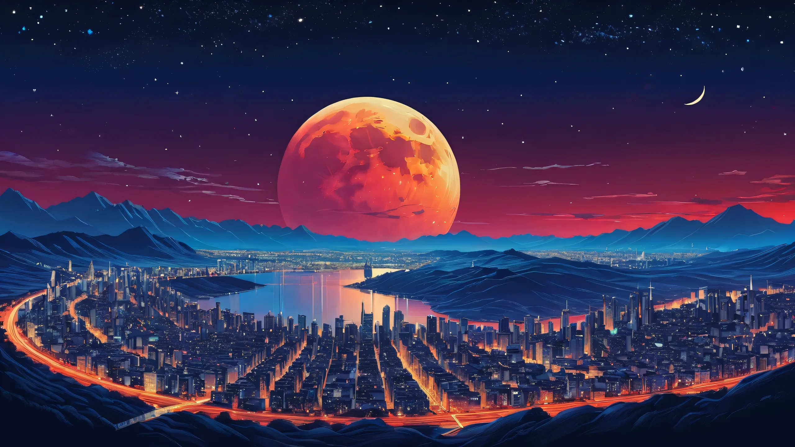 Breathtaking desktop wallpaper of a moonlit night sky with cityscape silhouette and stunning starry background for PC or Desktop