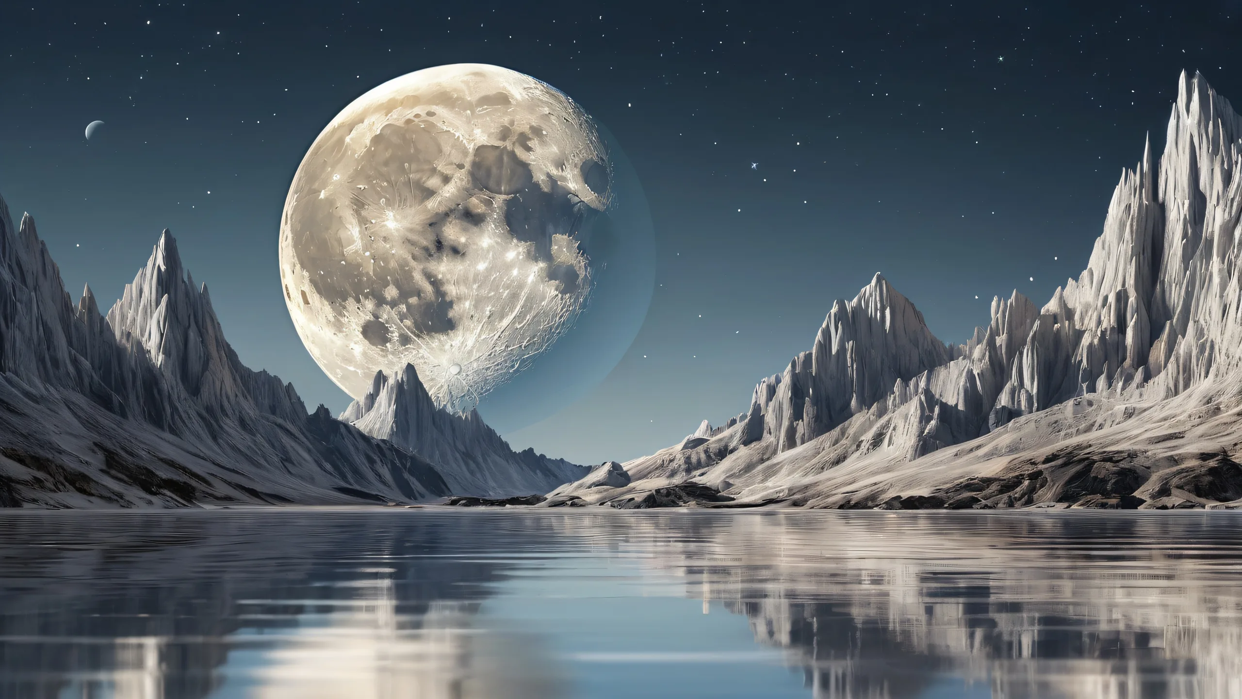 A serene moonlit desktop scene featuring a vast, pure void with extreme depth of field and ethereal lighting for your PC or Desktop.