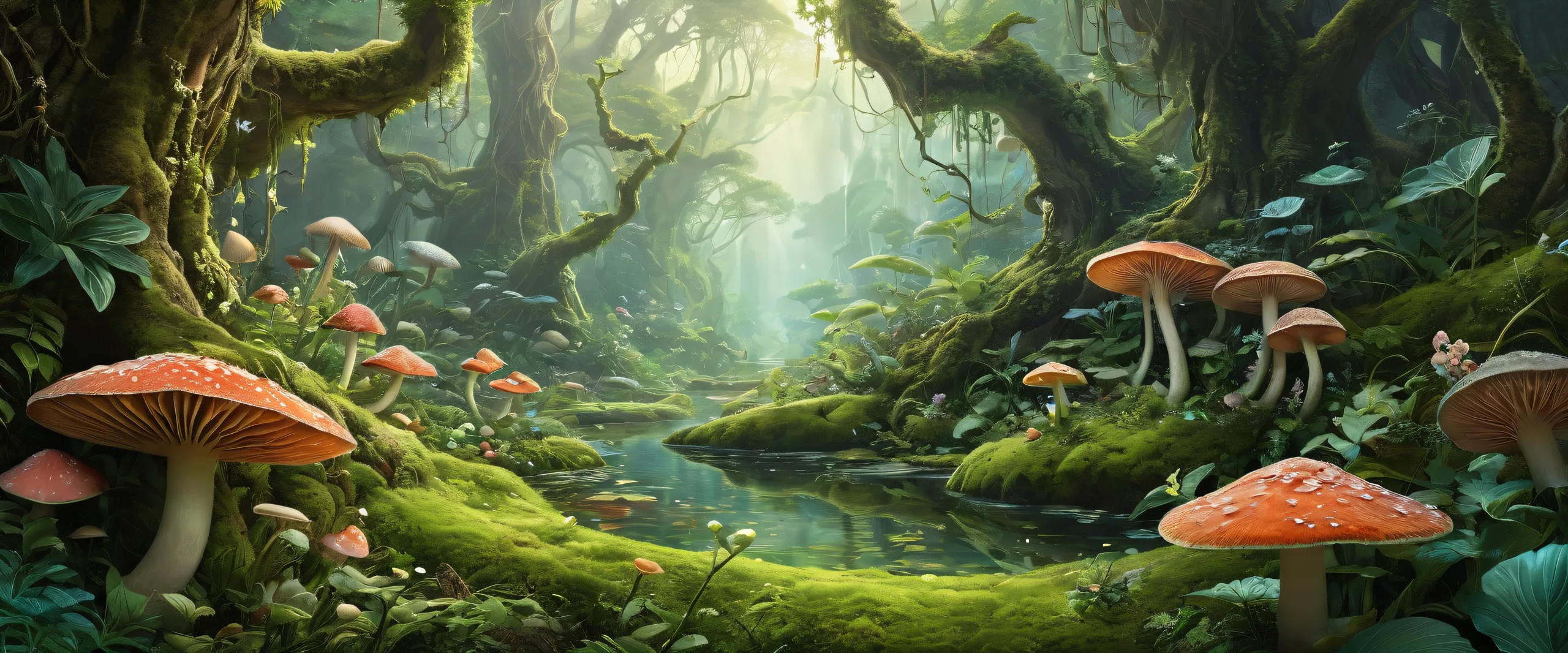 Enchanting desktop scene of lush plants and fungi on a pure void background, perfect for Desktop/PC users.