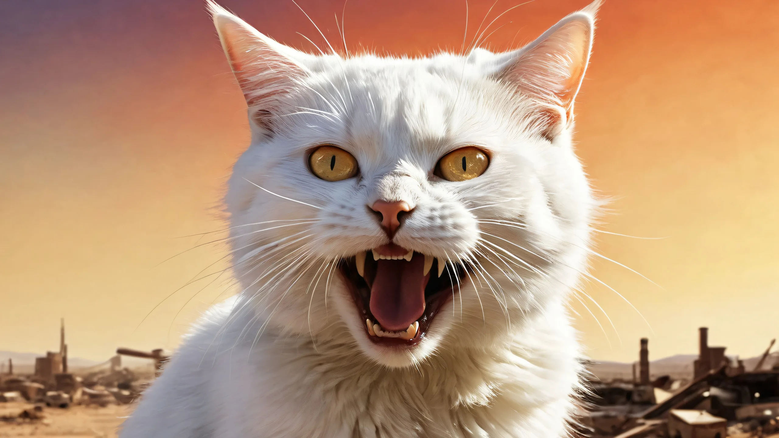 A whimsical desktop wallpaper featuring a white cat in a post-apocalyptic wasteland, perfect for your PC or Desktop.