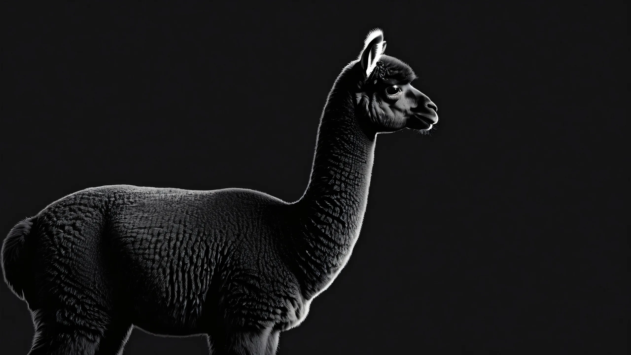 Stunning Majestic Alpaca in Dark Mode Wallpaper Breathtaking desktop wallpaper of an alpaca against a pristine void background for use on Desktop/PC with extreme depth of field and striking contrast.