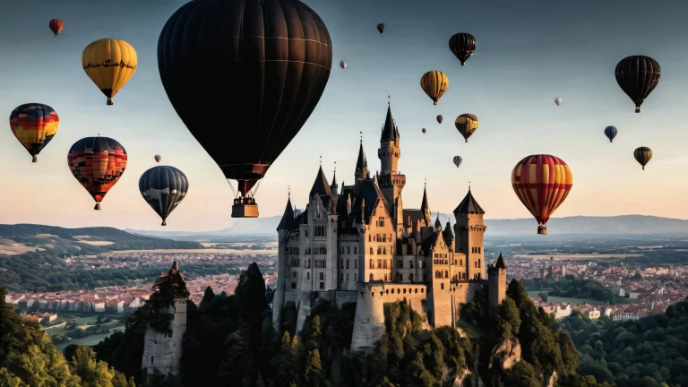 A desktop image featuring hot air balloons and a castle against a deep blue void with perfect depth of field, suitable for use on a Desktop or PC.
