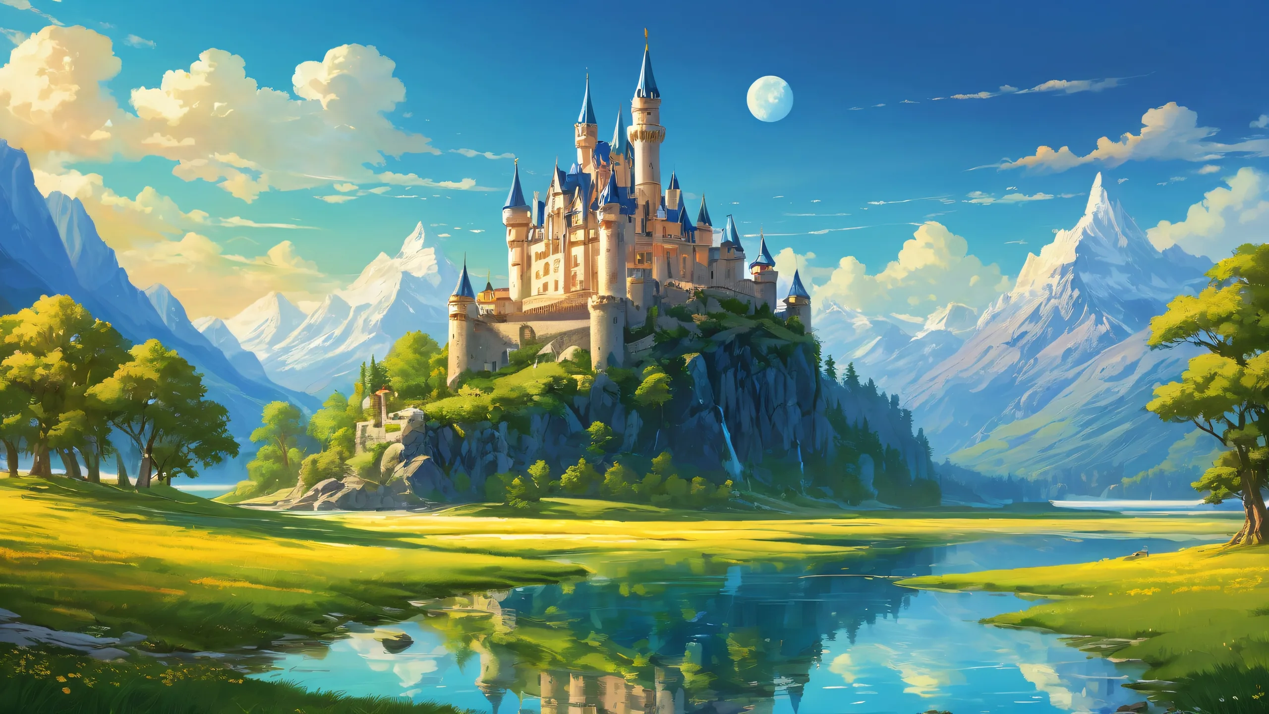 Ethereal castle desktop wallpaper with radiant colors and ray-traced reflections on a pure void background for Desktop/PC.