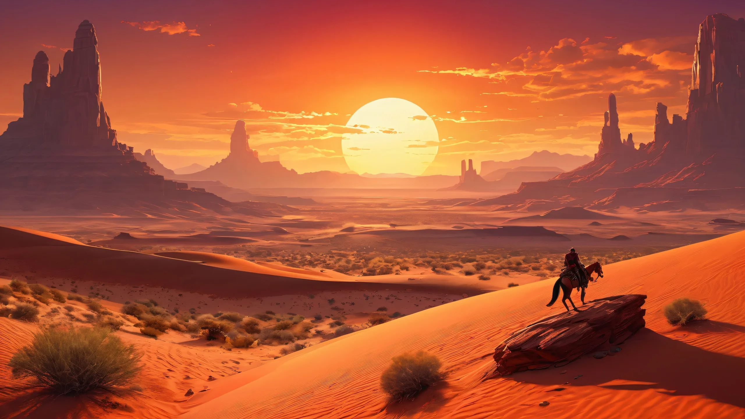 Ethereal desktop wallpaper featuring video game characters in a vast pure void with dominant dark crimson hues and golden brown accents, reminiscent of a majestic desert sunset. Ideal for Desktop/PC.