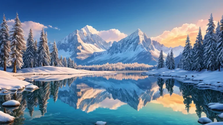 Ethereal desktop landscape featuring majestic mountains, serene lakes, and towering trees on a clean pure void, suitable for Desktop/PC