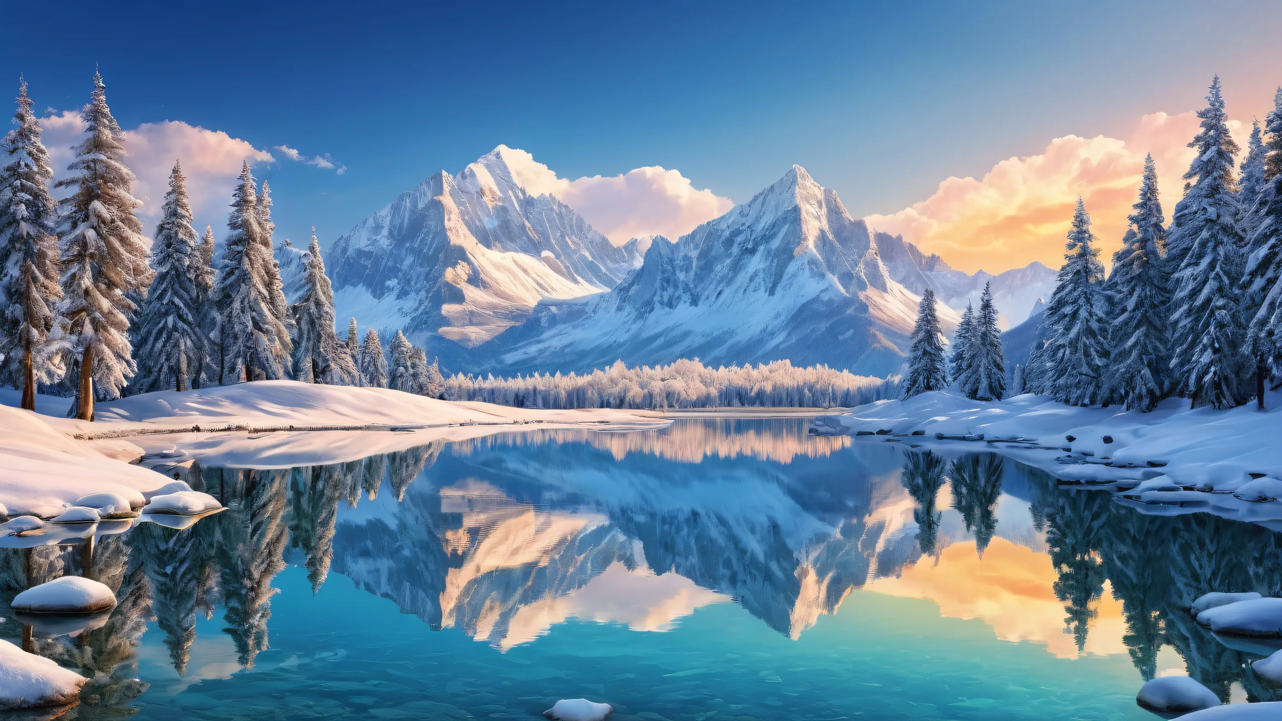 Ethereal desktop landscape featuring majestic mountains, serene lakes, and towering trees on a clean pure void, suitable for Desktop/PC