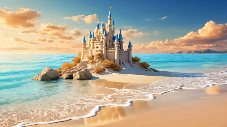 Ethereal desktop wallpaper of a majestic sand castle on a pristine beach, suitable for PC or Desktop