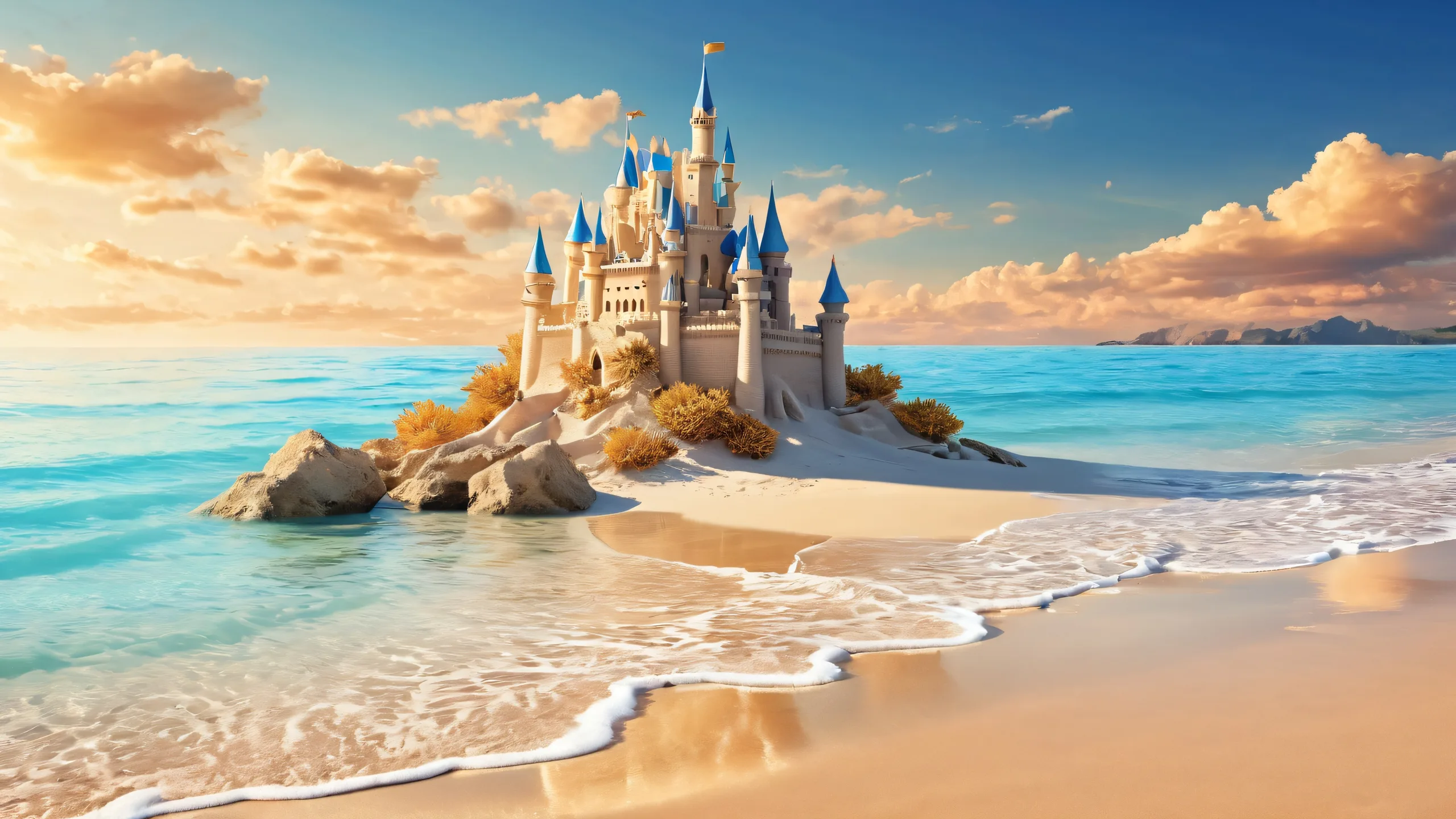 Ethereal desktop wallpaper of a majestic sand castle on a pristine beach, suitable for PC or Desktop