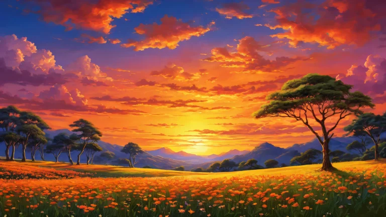 Desktop/PC wallpaper featuring a breathtaking sunset with vibrant oranges, yellows, and pinks against a backdrop of clouds and trees, emphasizing the grandeur of nature's majestic beauty.