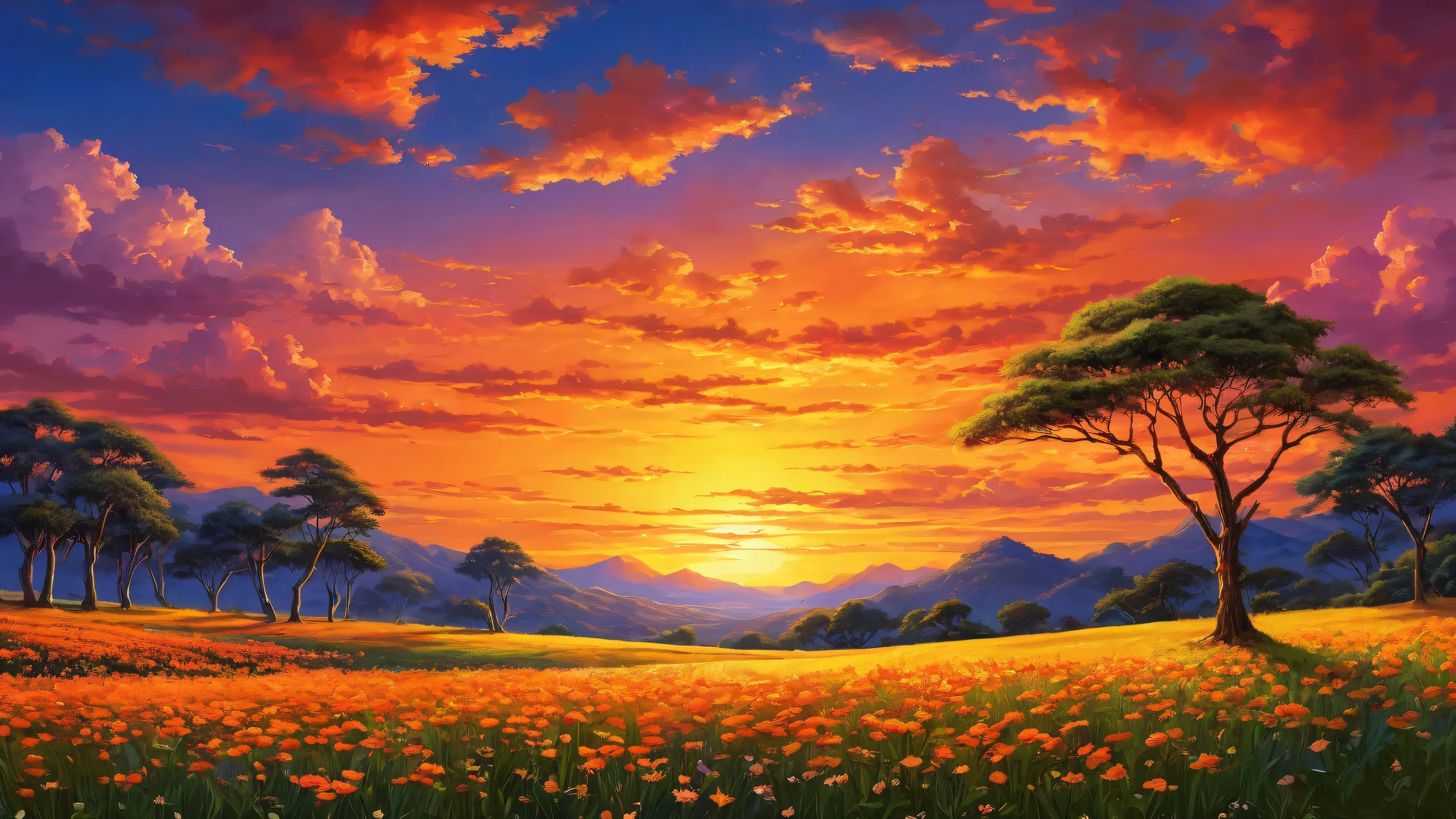 Desktop/PC wallpaper featuring a breathtaking sunset with vibrant oranges, yellows, and pinks against a backdrop of clouds and trees, emphasizing the grandeur of nature's majestic beauty.