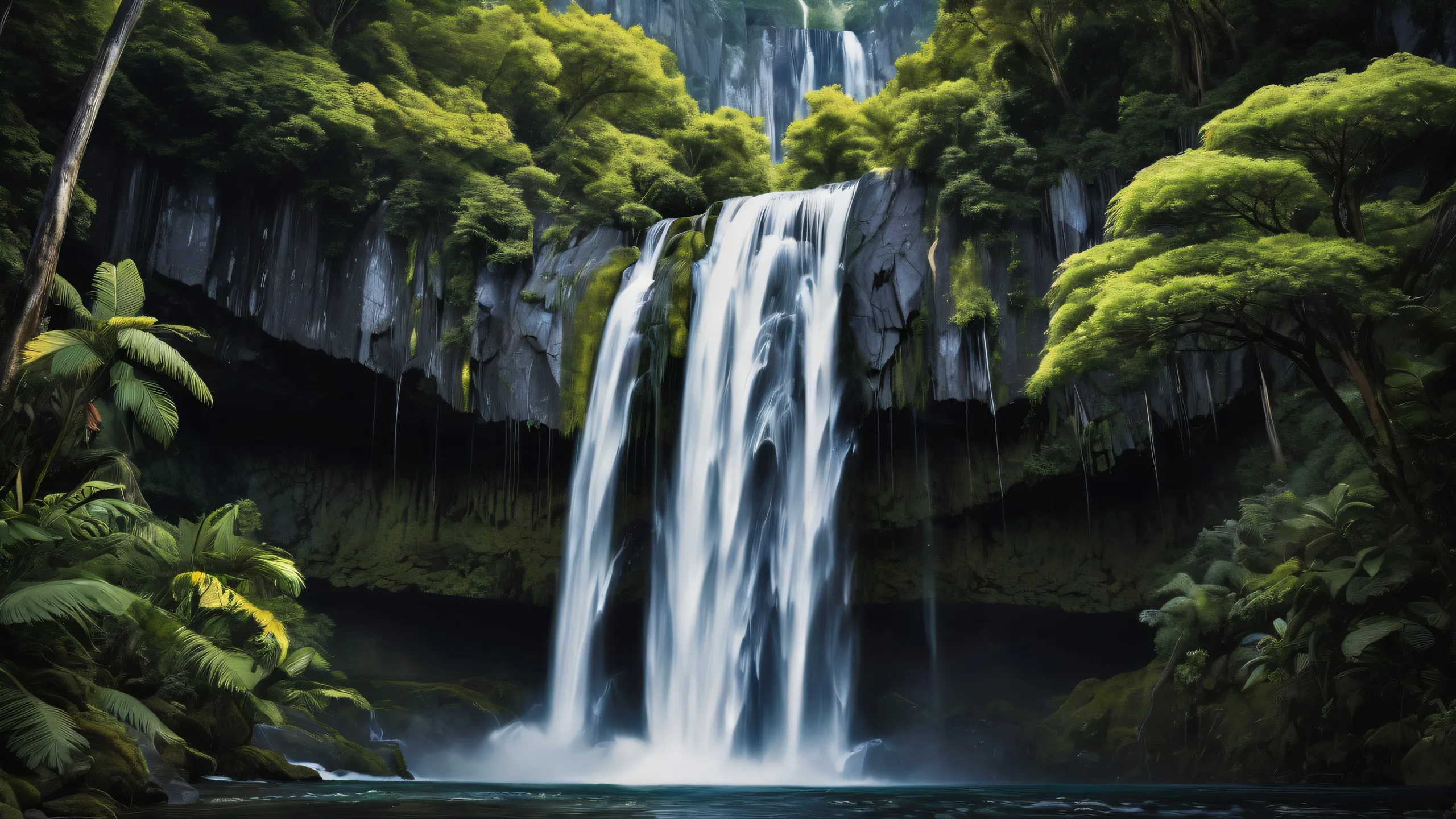 Majestic Waterfall Odyssey 4K UHD Wallpaper Breathtaking waterfall desktop image for PC or Desktop, featuring a majestic waterfall against a dark mode aesthetic.