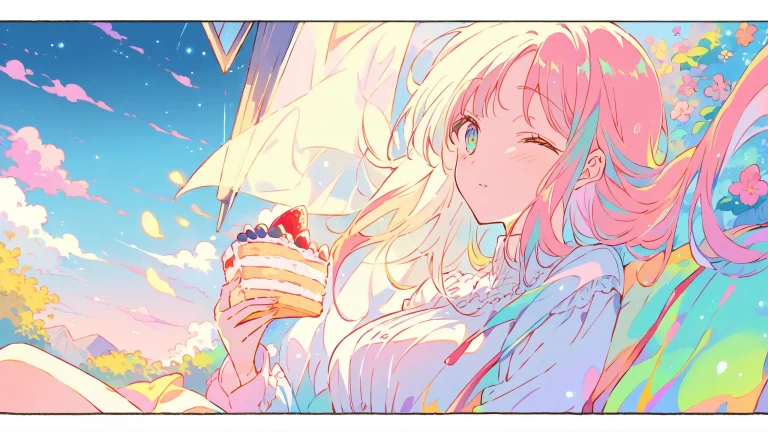 Anime desktop wallpaper of Makima from Chainsaw Man enjoying cake and food in a clean, pure void with indoor setting.