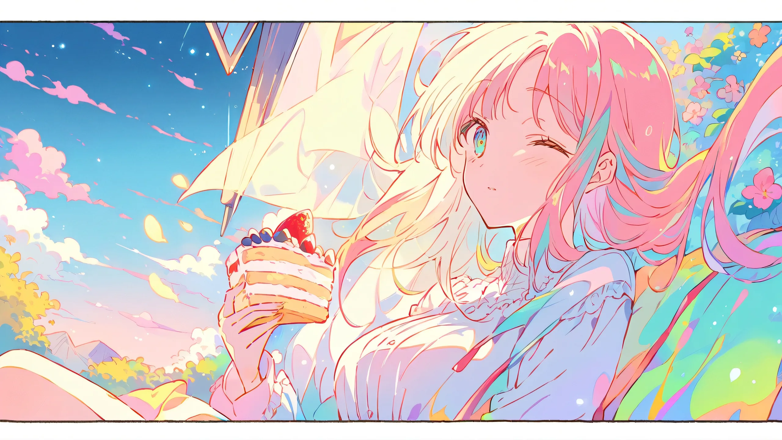 Anime desktop wallpaper of Makima from Chainsaw Man enjoying cake and food in a clean, pure void with indoor setting.